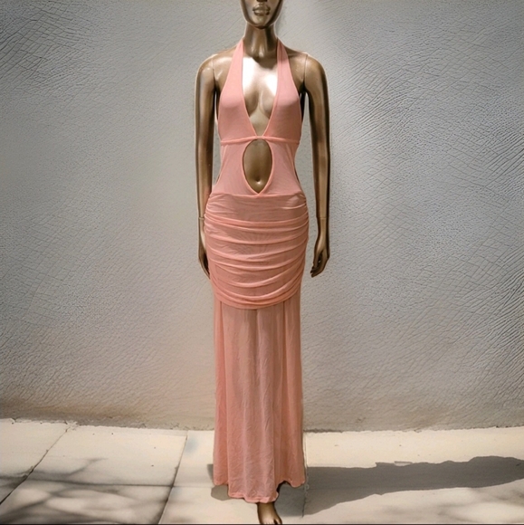 NWT Sexy Pink Halter Cut-Out Ruched Sheer Mesh Ibiza Maxi Dress Sz M - Picture 12 of 14